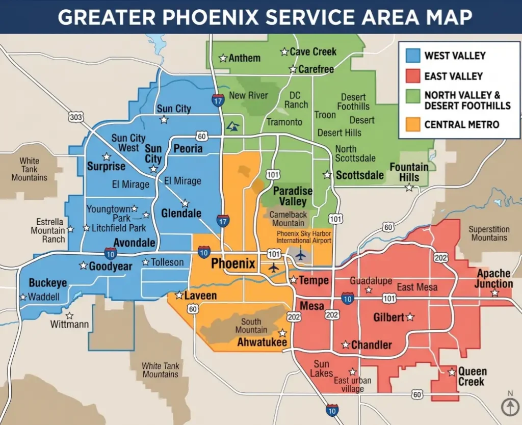 Map of Greater Phoenix showing service areas: West Valley (blue), East Valley (red), North Valley & Desert Foothills (green), Central Metro (yellow), with labeled cities and highways.