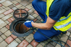 A worker in a yellow vest and gloves is cleaning or inspecting a manhole on a brick pavement using a cable or hose.