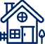Simple blue outline icon of a house with a chimney, fence, door, two windows, and a small tree next to it.