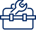 Blue line drawing of a toolbox with a wrench on top, symbolizing tools or repair.