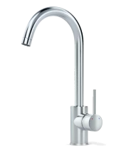 A modern, silver kitchen faucet with a high curved spout and a single lever handle.